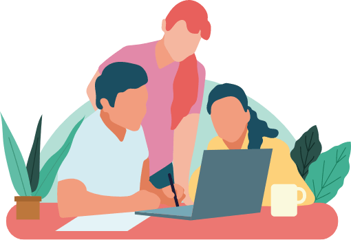 Illustration of 3 people working together on a laptop